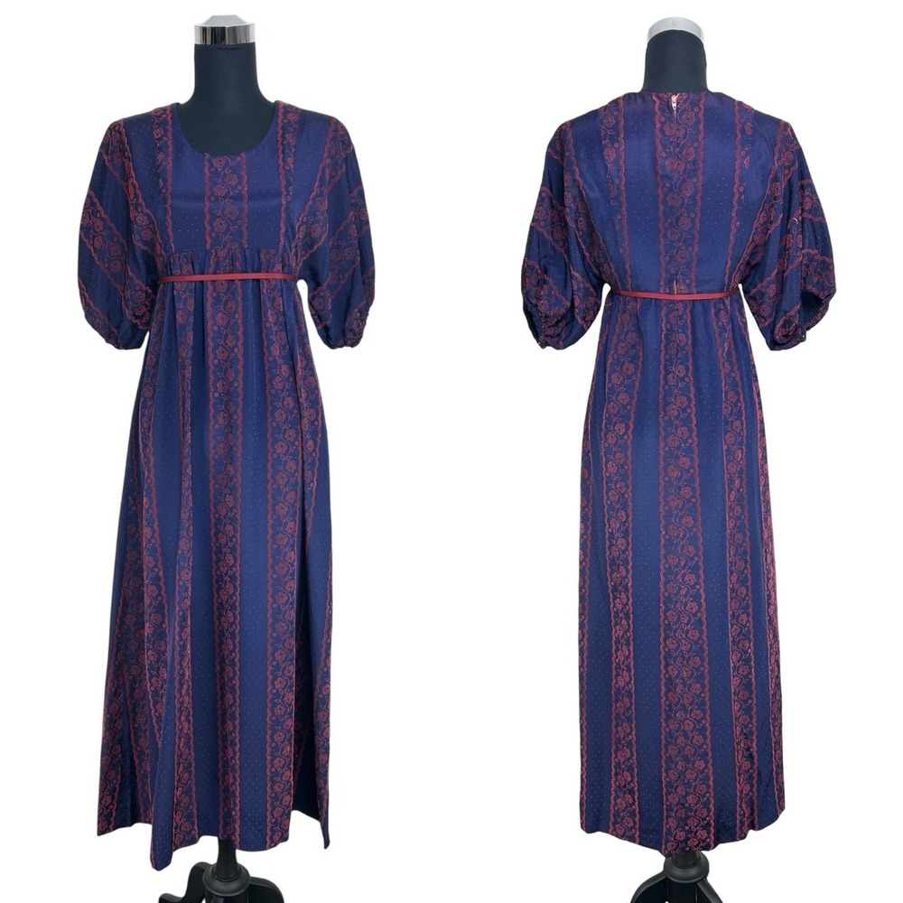 Vintage 70s‎ Maxi Dress Long Puff Sleeve Blue Red Lace Dot Print Stripe Ribbon